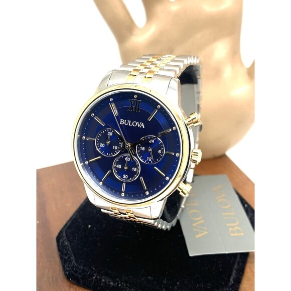 Bulova Men's Watch 98A274 Quartz Chronograph Blue Dial Two Tone Stainless Steel - Picture 1 of 14